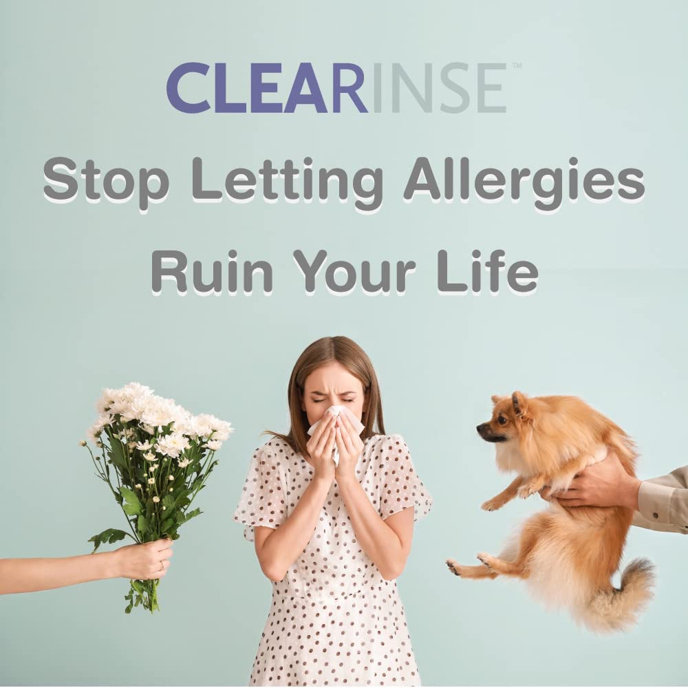 CLEARinse nasal cleaning system, providing relief for nasal congestion, allergies and sinus issues, shown in use by a woman with a stuffy nose